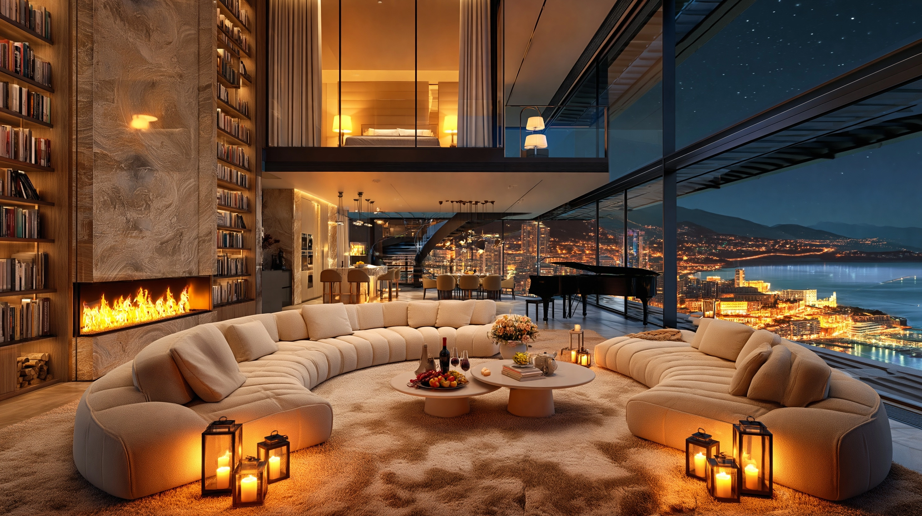 Ultra realistic luxury duplex penthouse at night, ultra wide-angle cinematic view