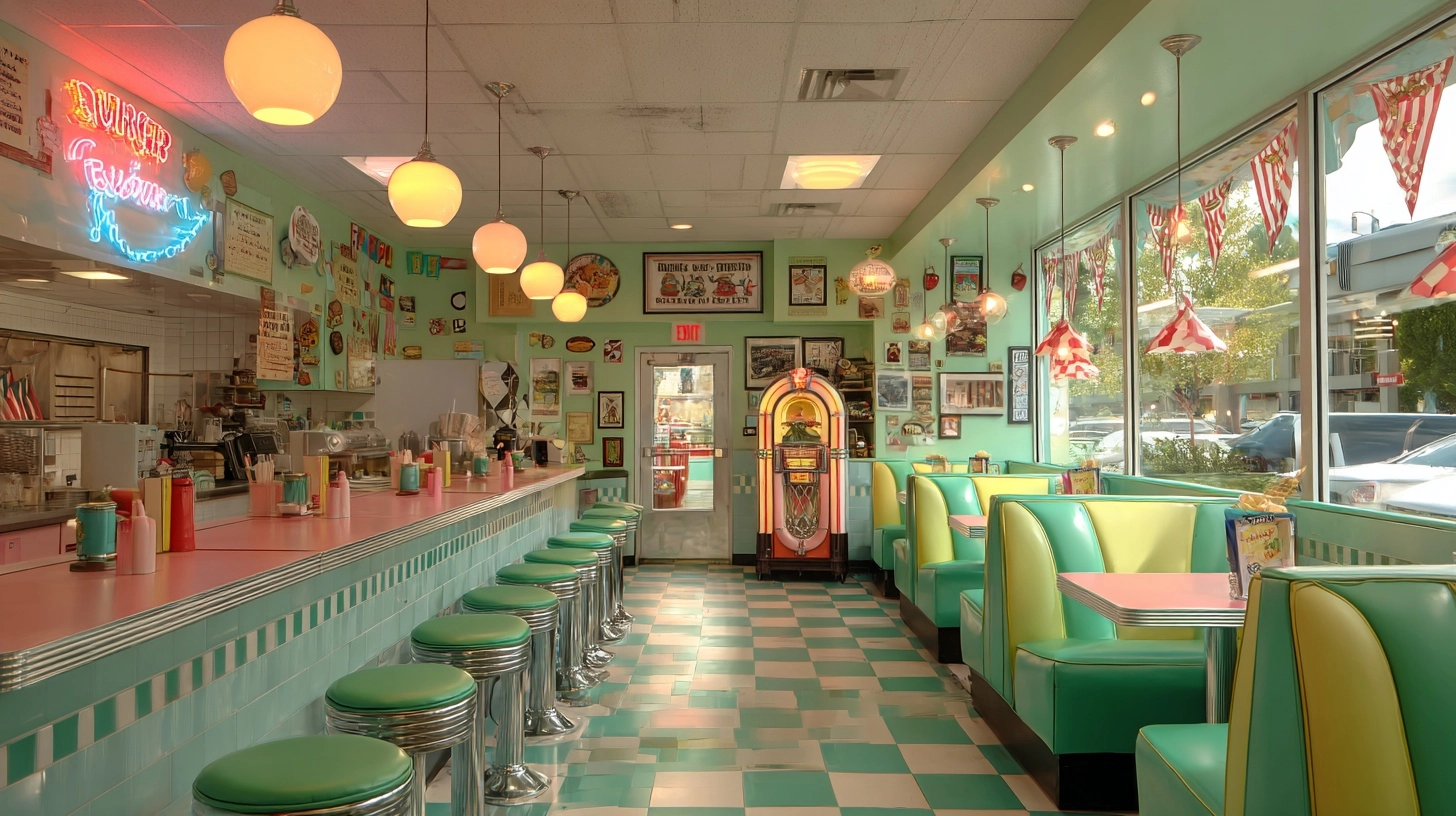 Theatrical stage backdrop interior 1980s american small town burger diner called Burger Blast