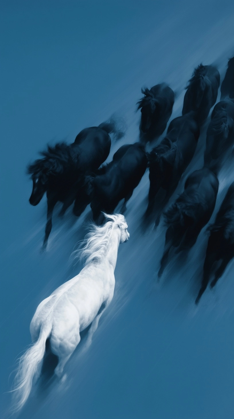 A bird's-eye view, a blue background with A white horse leads a group of black horses in motion