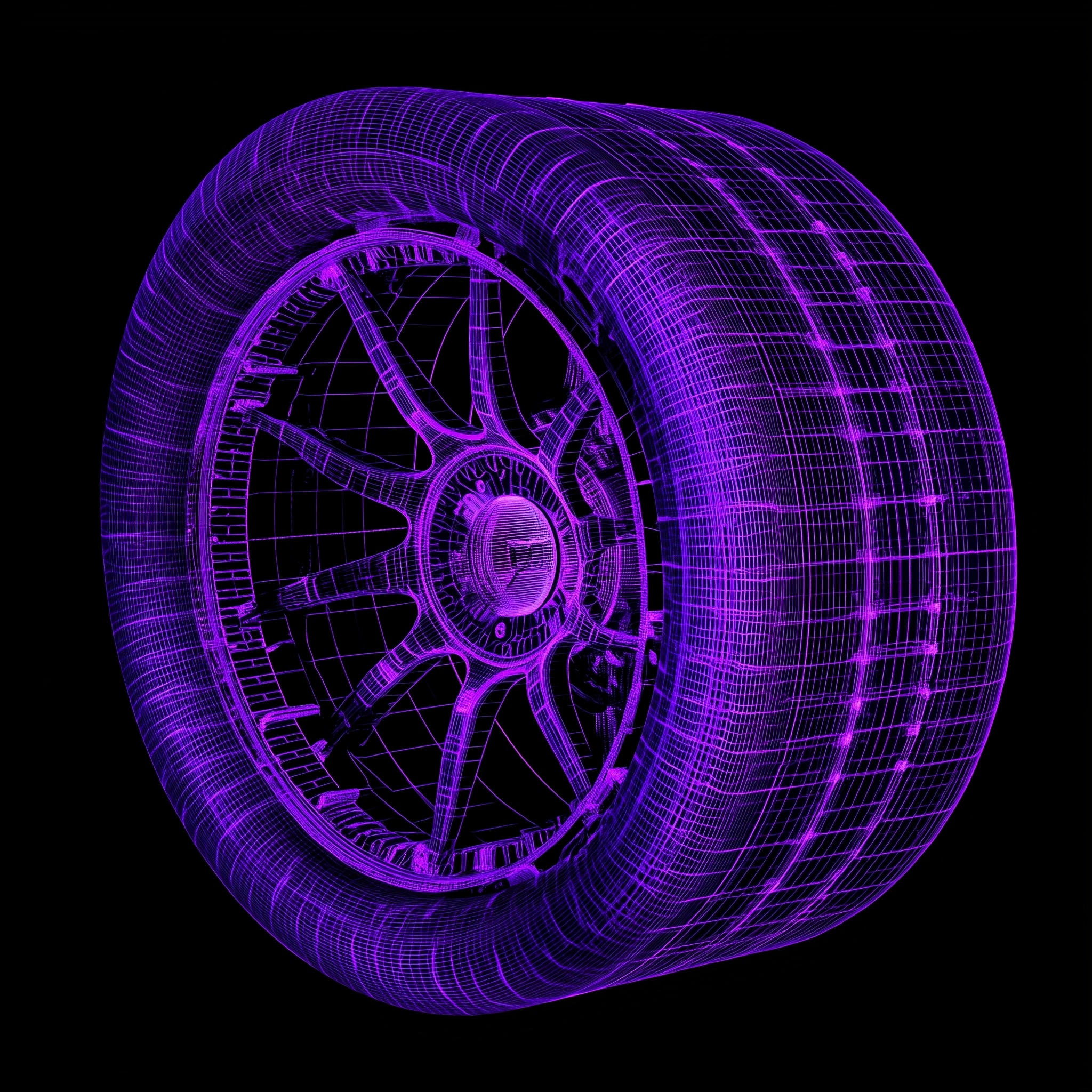3d CAD rendering of a professional racing stock car wheel assembly used in NASCAR races in purple co