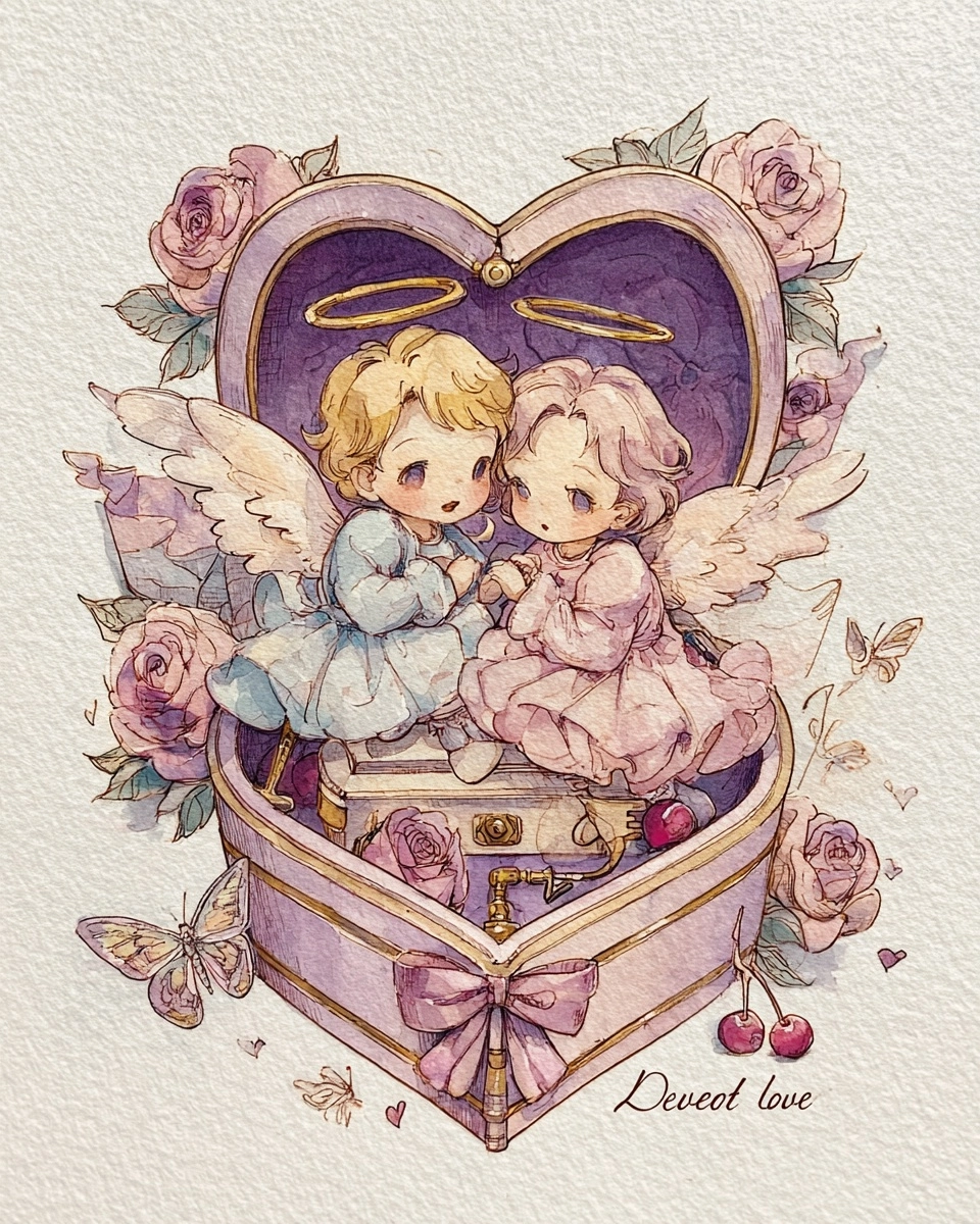 A charming watercolor illustration, front view straight centered composition, no tilting