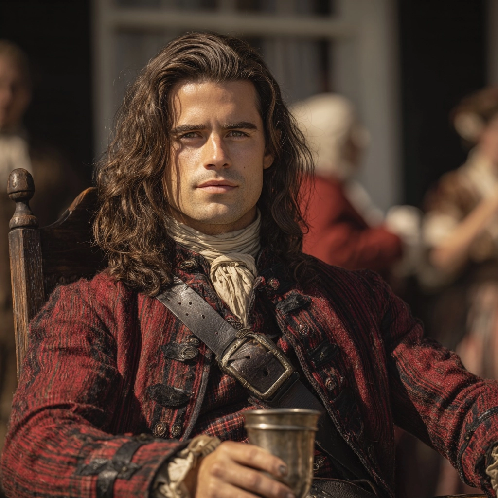 A highly realistic, photographic image of a handsome young Scotsman with shoulder-length dark hair