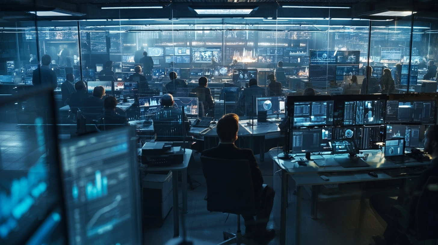 A cold hyper-analytical corporate war room full of charts, dashboards, and tense executives