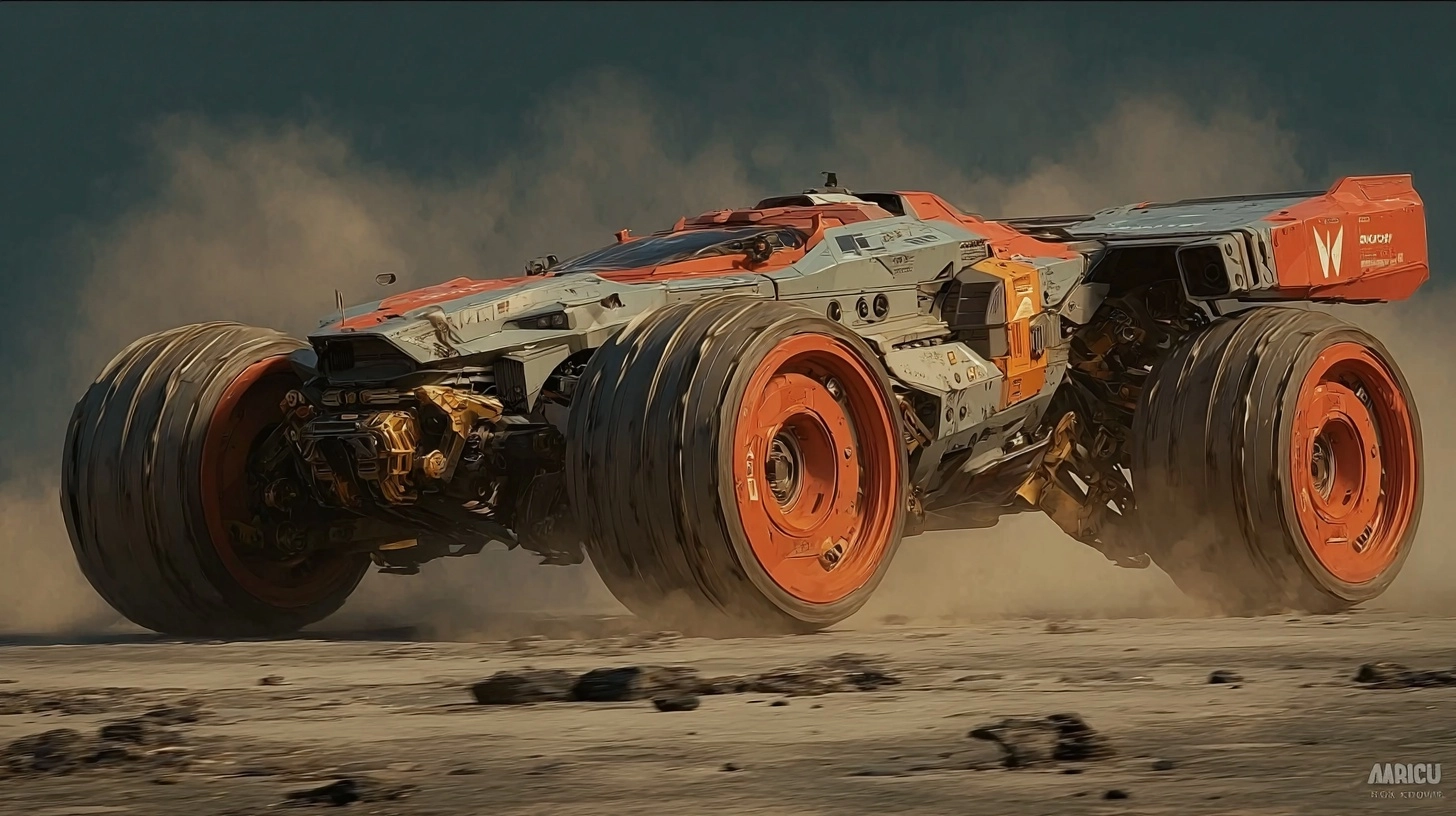 A wide-angle cinematic moster-car hero shot of a gigantic futuristic hyper-monster car with breathta