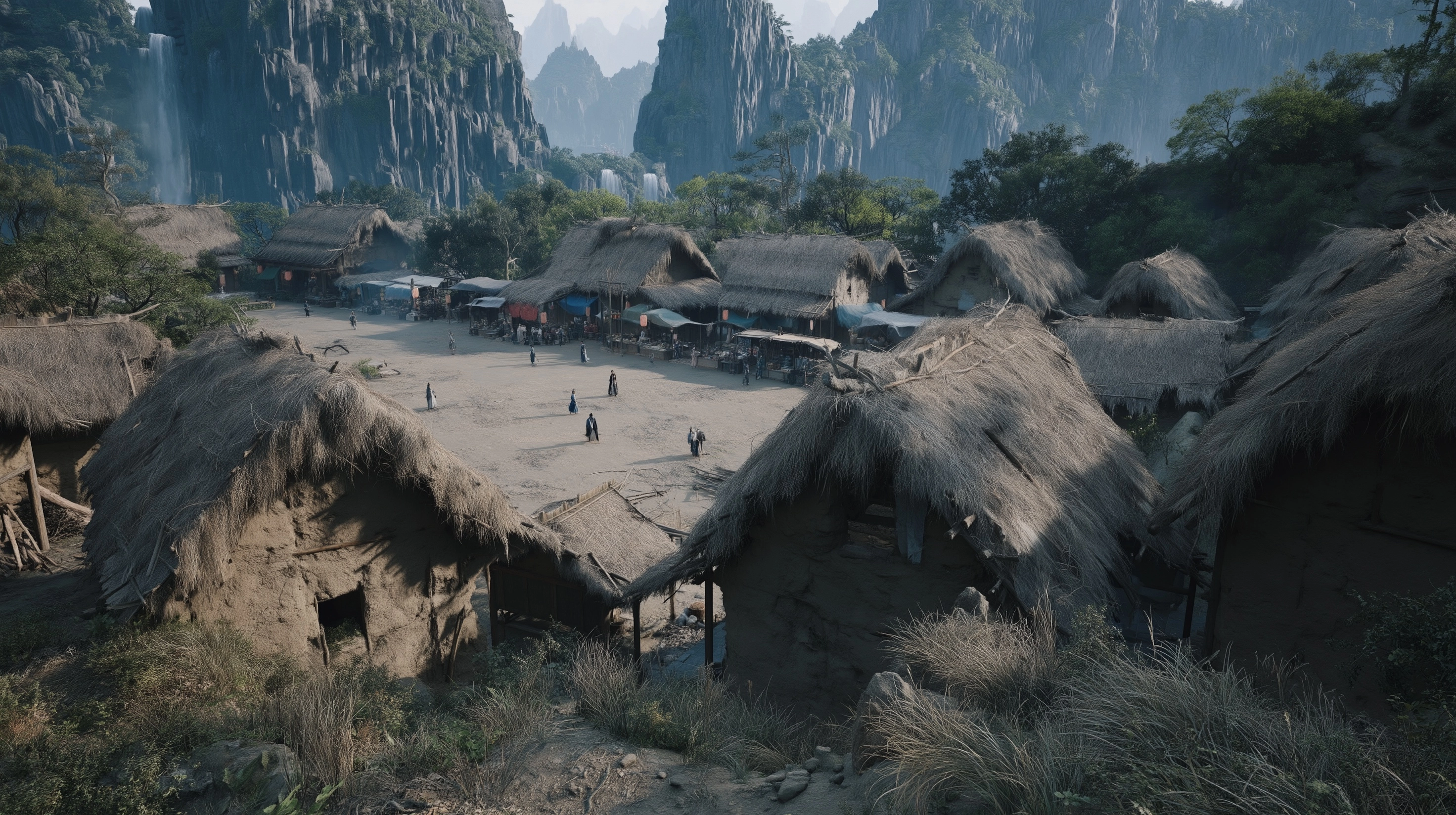 Humble Ancient Chinese Village with Distant Immortal Peaks