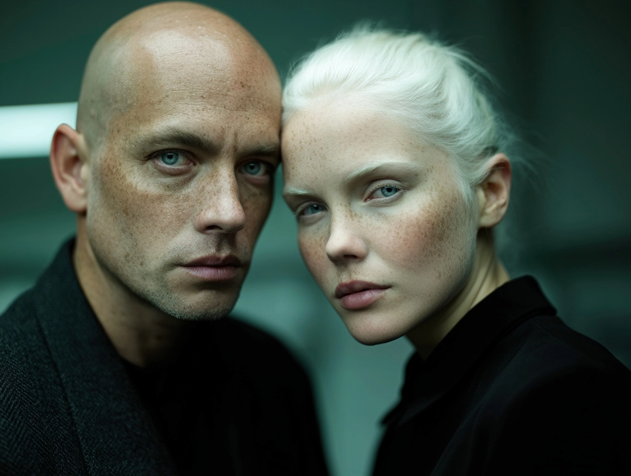 A young bald man with pale skin and freckles stands in the laboratory next to an albino woman dresse