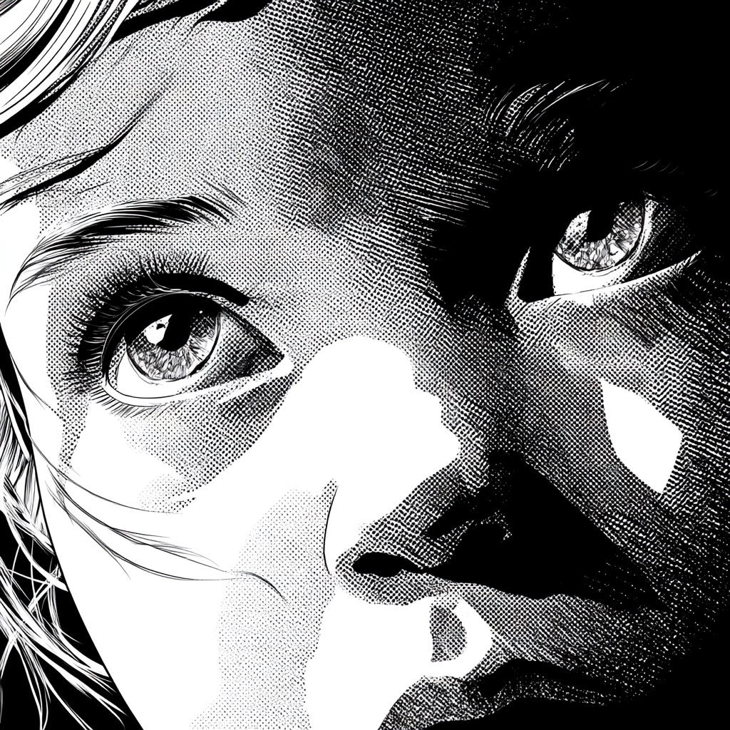 Black and white comic book style drawing, playing with light and shadow. Dynamic close-up of a littl
