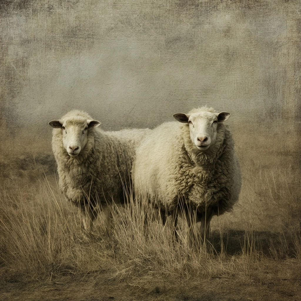 Close up of sheep in a spring field, moody, large brush strokes, muted colors, 1800's style