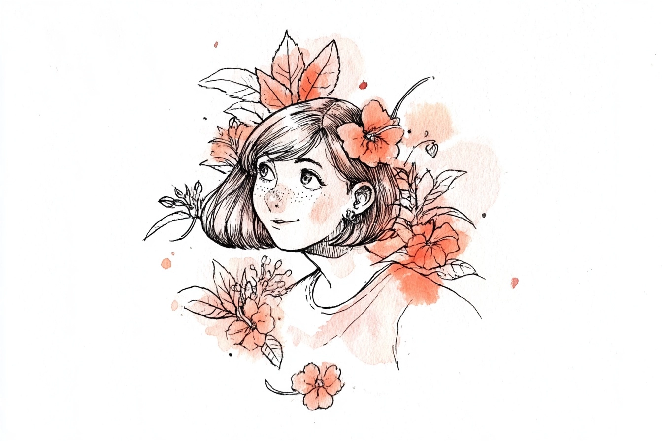 Femcel Weeaboo Impatiens, ink and watercolour wash blending together, white background