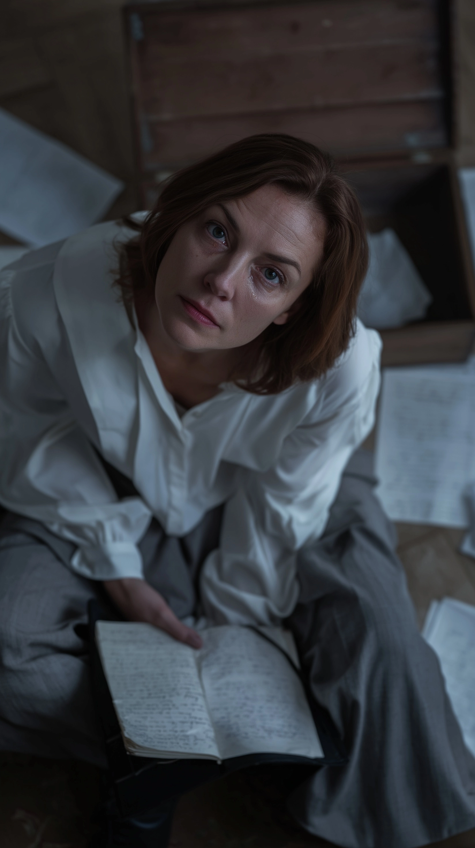 High-angle shot, looking down from standing height at a woman sitting on the floor woman around 50 y