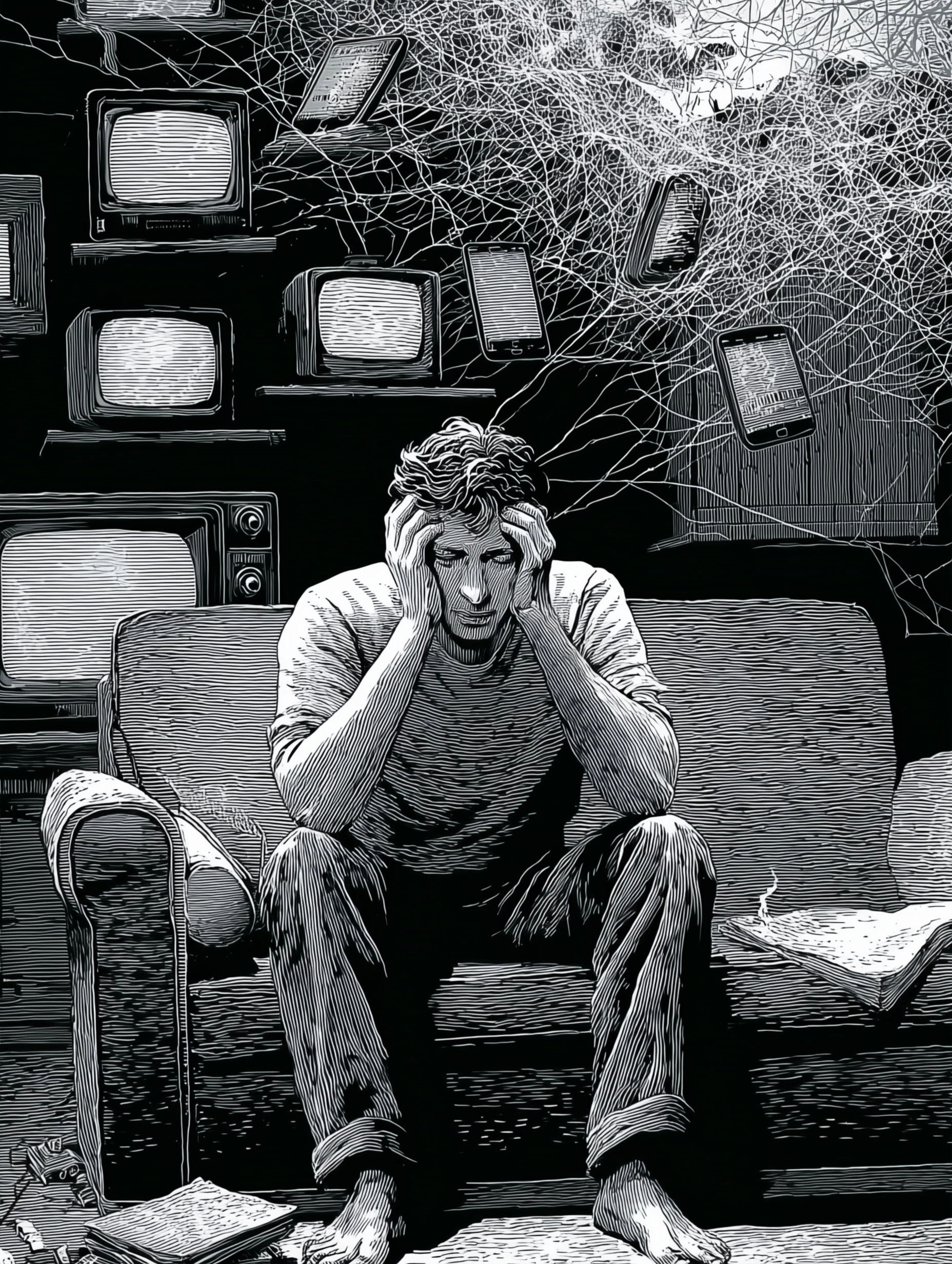 A young man sitting on a couch in left place of a room