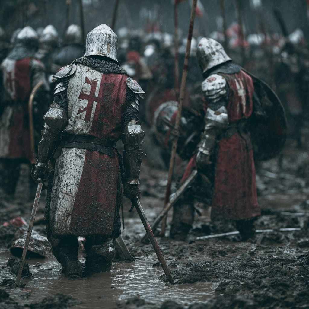 Knights fight on a muddy battlefield. evidence of a mighty battle lies all around.
