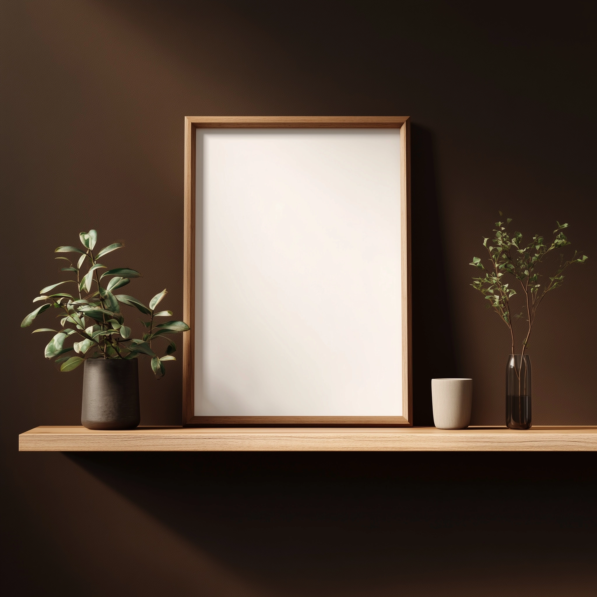 Mockup of an empty blank poster frame on a shelf, against a dark brown background