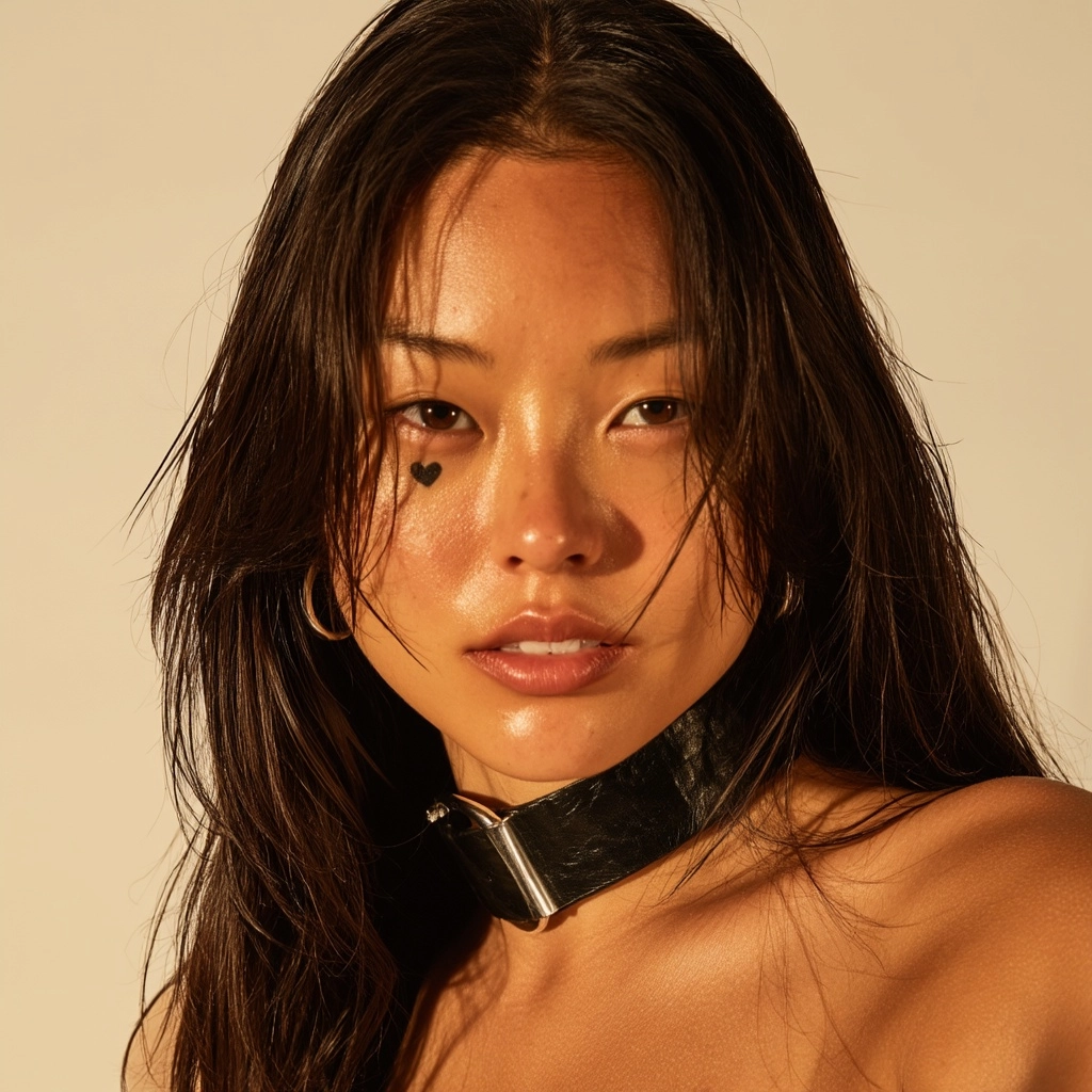 Portrait of Mira, top of head to chest visible, mixed Korean-American woman in her early 20s