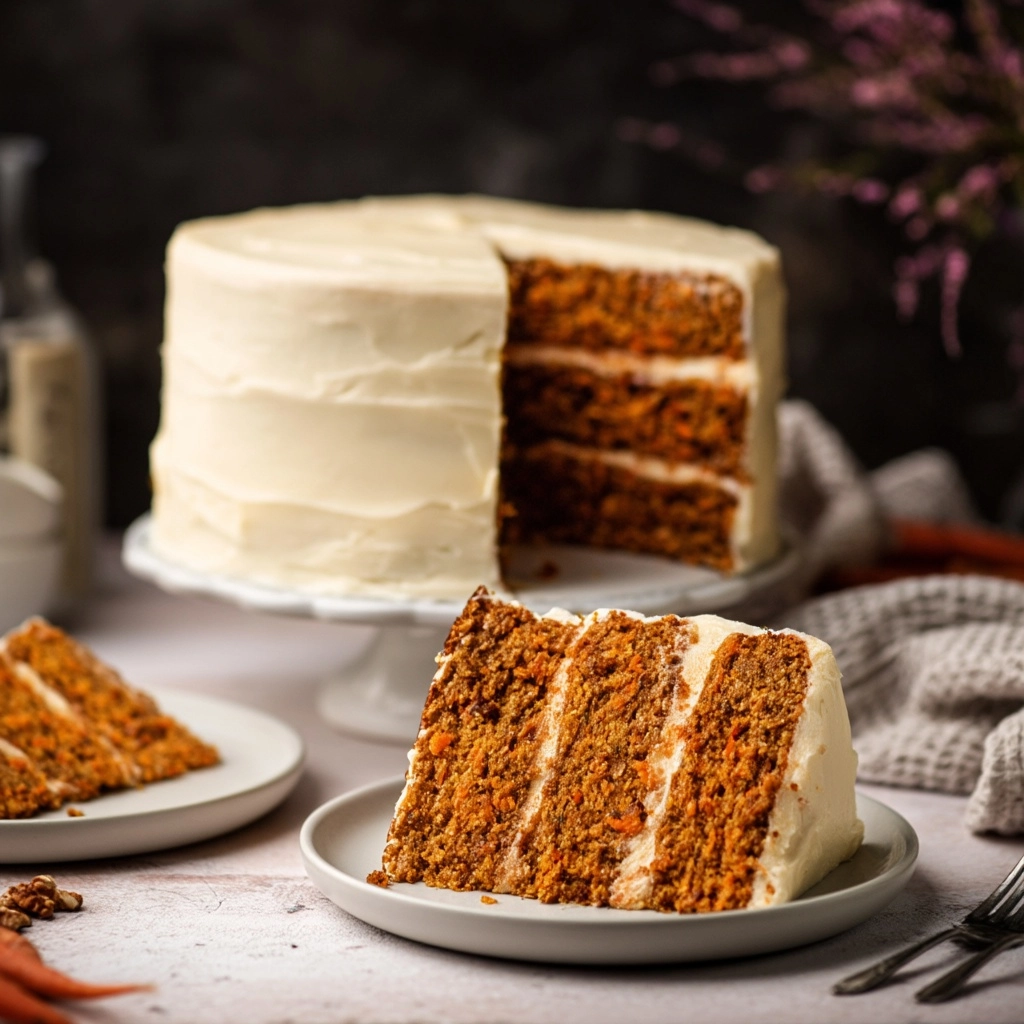 Three layer carrot Cake with smooth cream cheese icing all over. Show a slice sitting on a nearby pl
