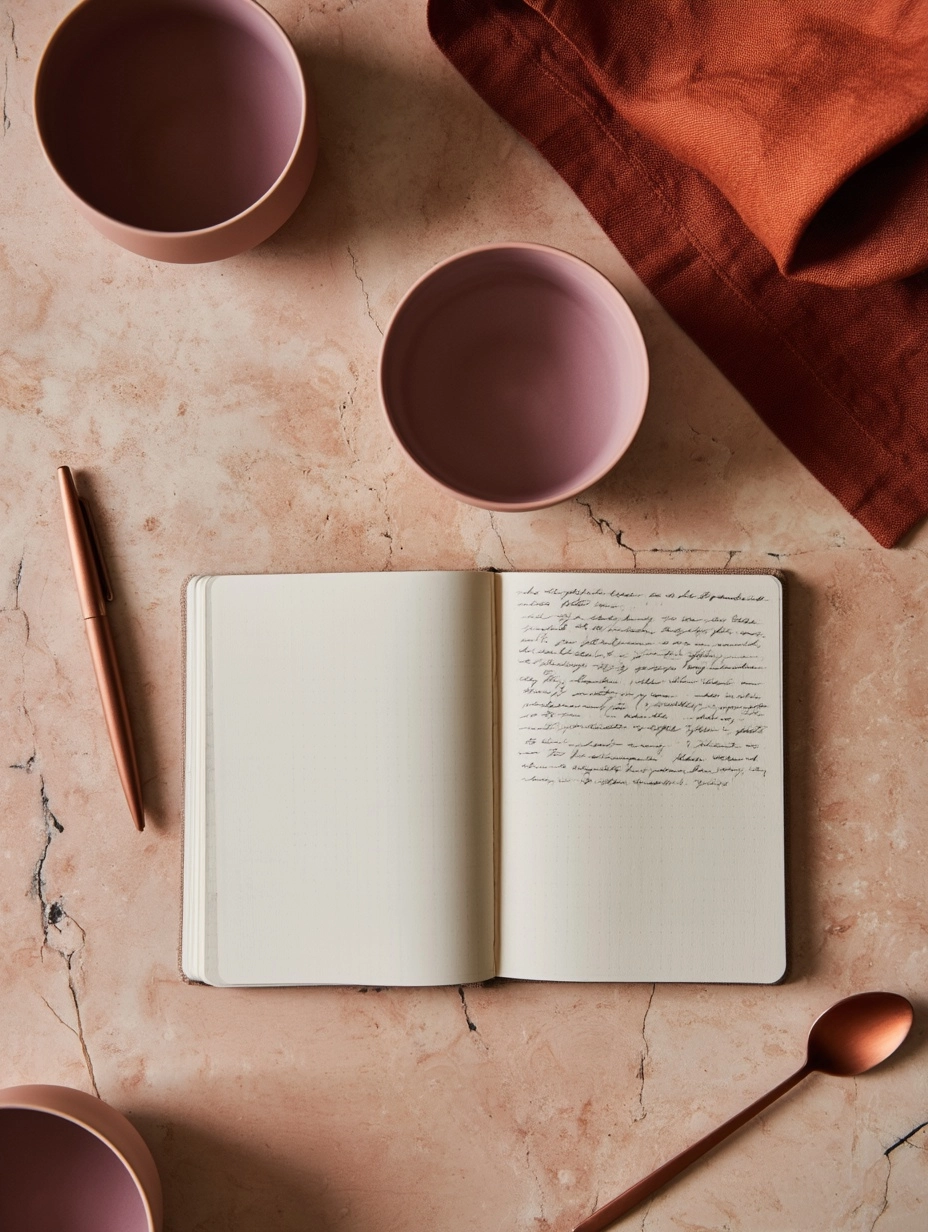 Marble beige and light pink table, an opened journal with handwritten notes, a pen