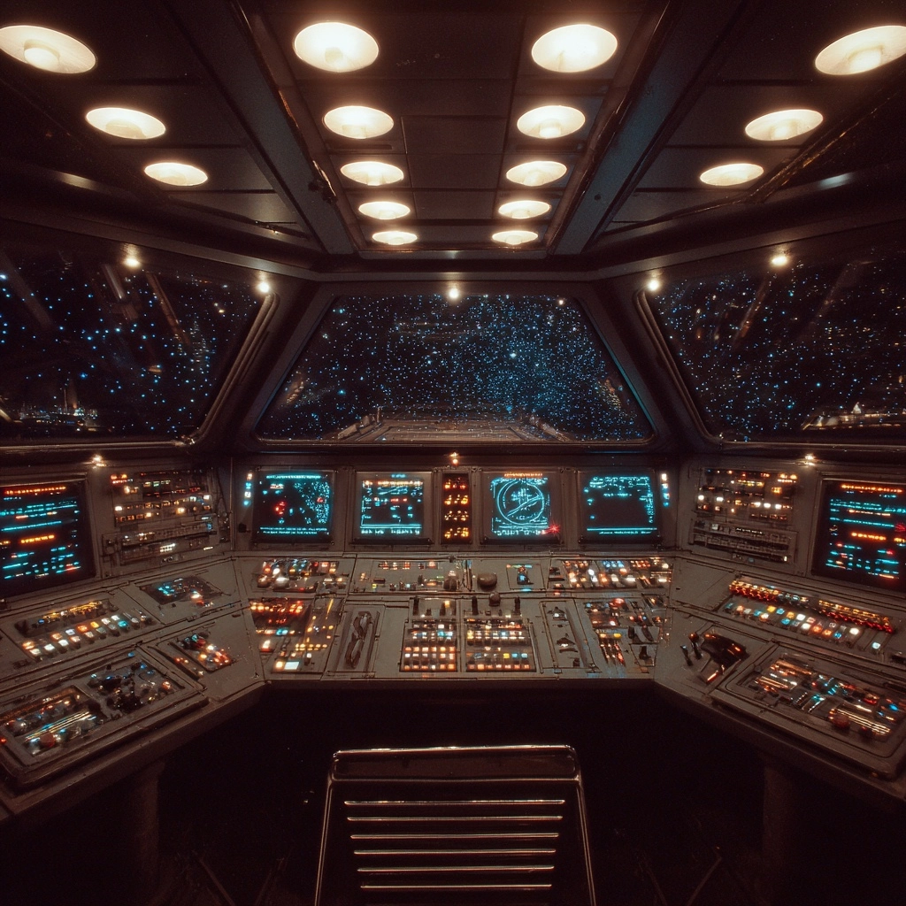 Control panel inside of a flying saucer, 80´s style, looking at outer space