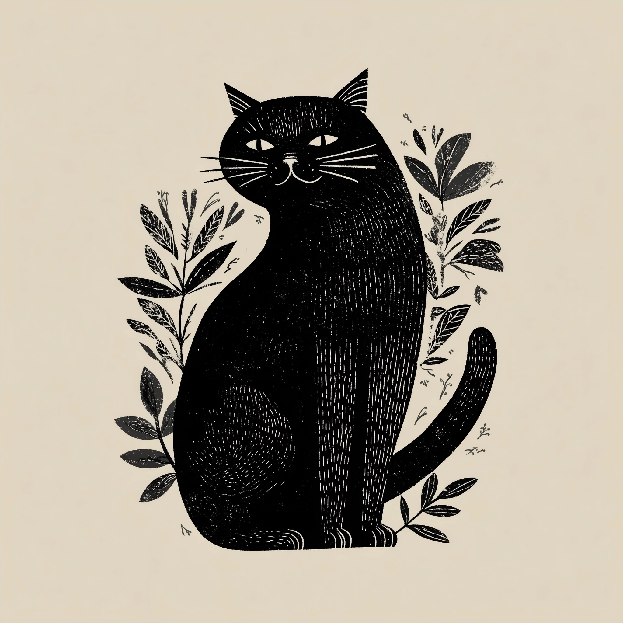 Cute cat portrait sitting proudly with botanical elements, elegant whiskers and tail