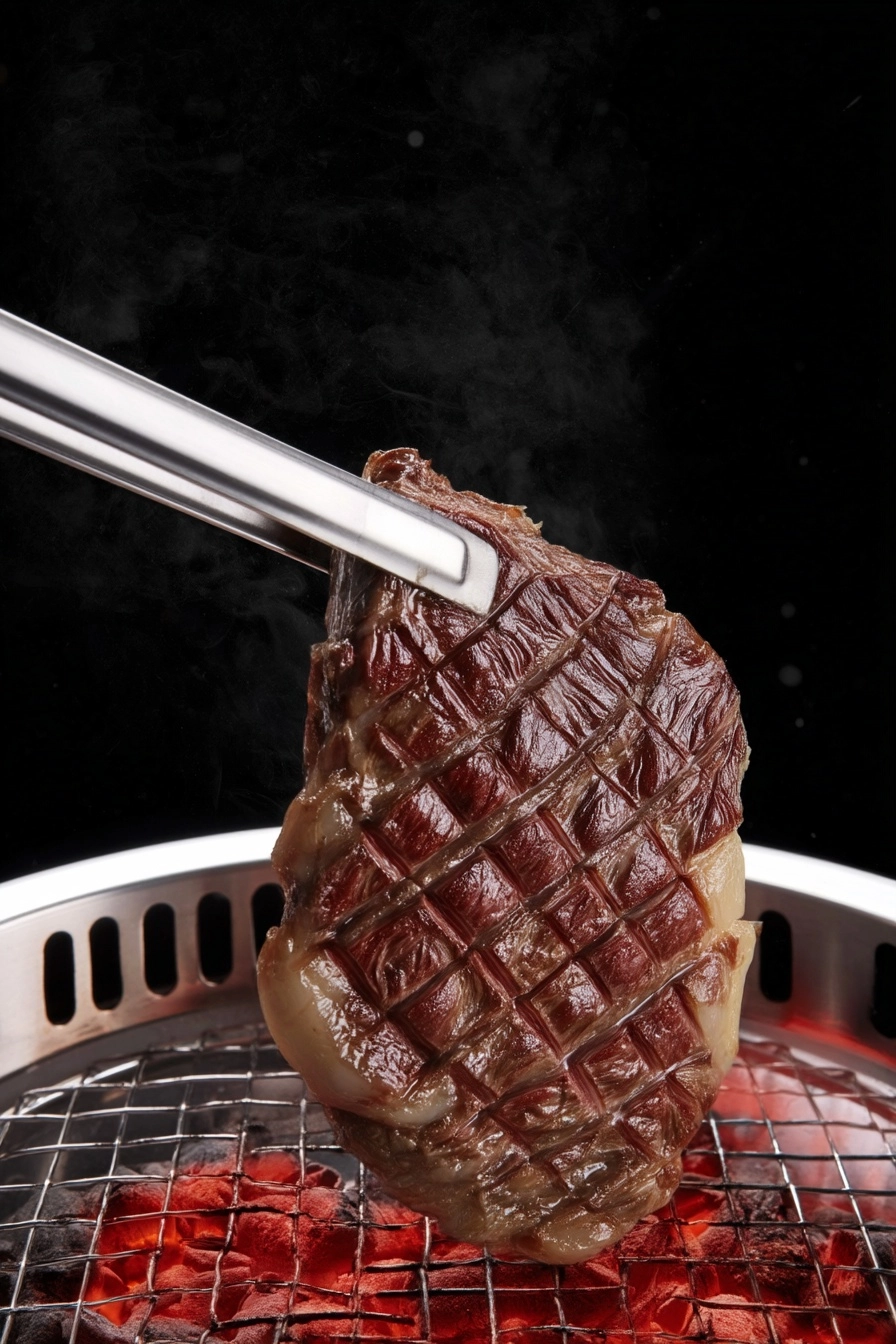 Extreme close-up of stainless steel long tongs gripping a thick premium wagyu beef steak with deep c