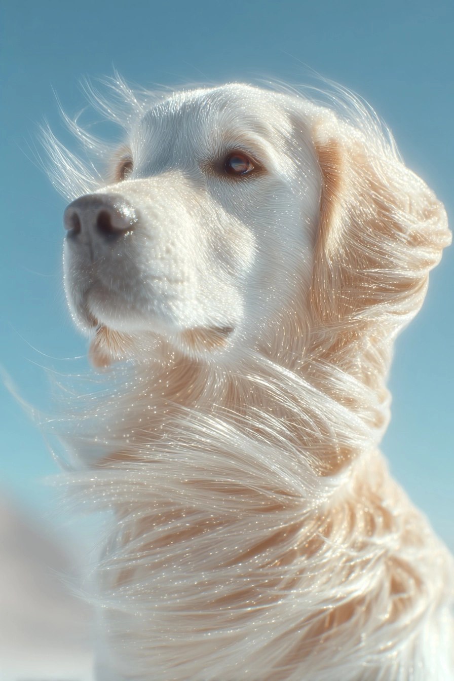 A golden retriever sits against a pure blue sky background. The wind blows its fur