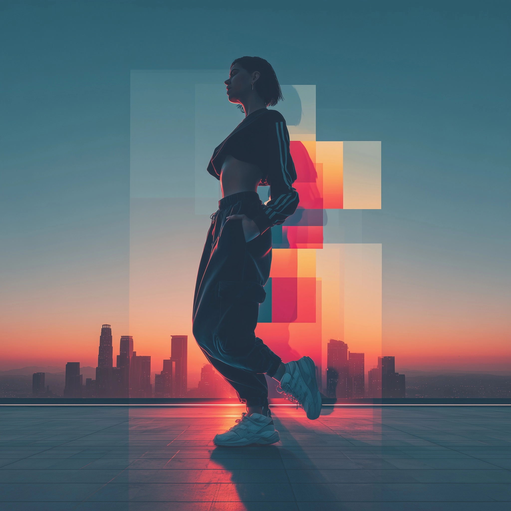 Minimalist cover art for a UK house remix, one stylish young woman dancing alone with confidence in