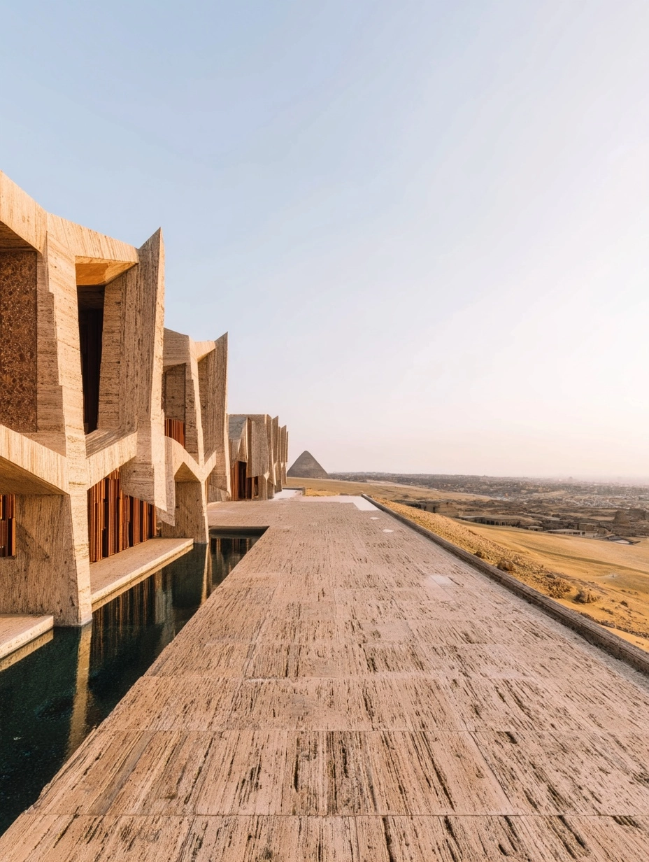 Monumental brutalist palace in the Egyptian desert, overlooking the pyramids of Giza