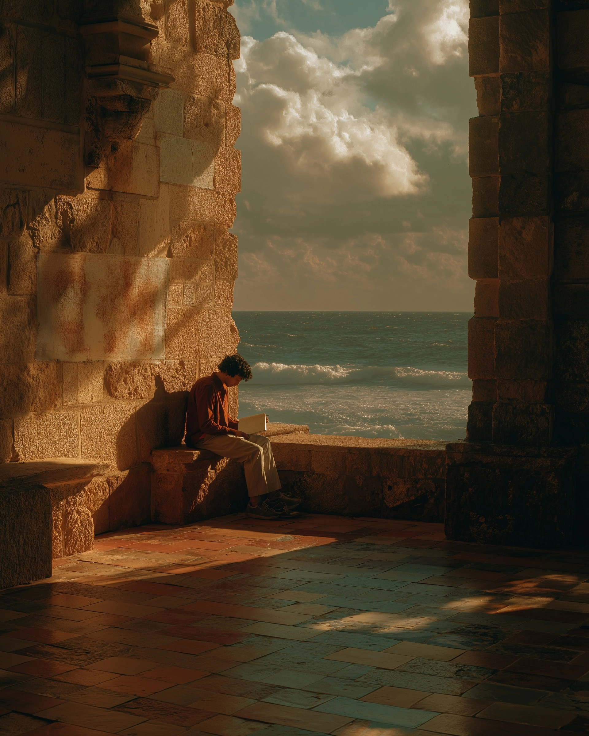 Photo of a young man with black hair reading while sitting on a stone bench near the sea