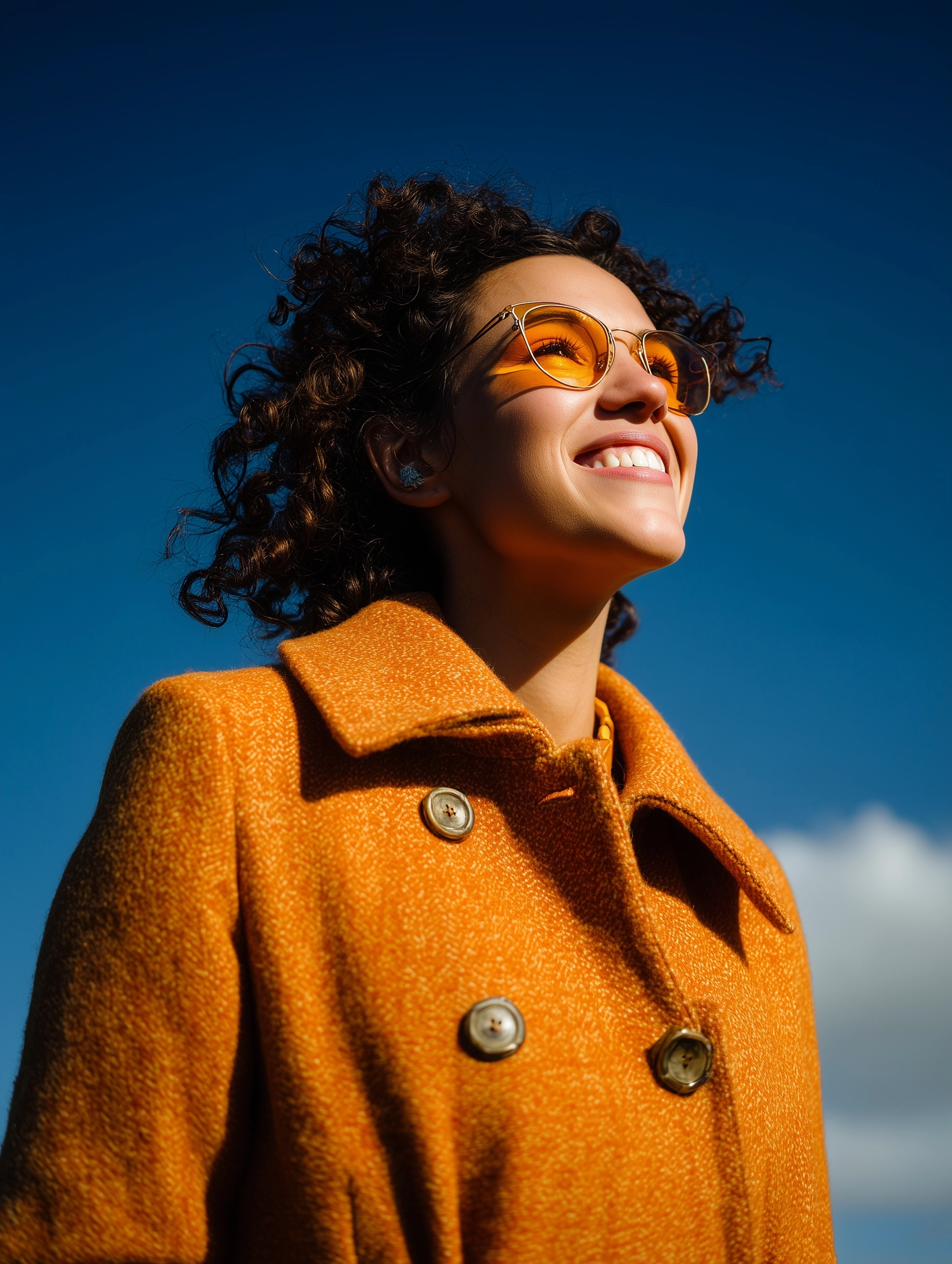 A woman in her thirties, wearing a mustard-colored wool coat with buttons, stands on a hilltop