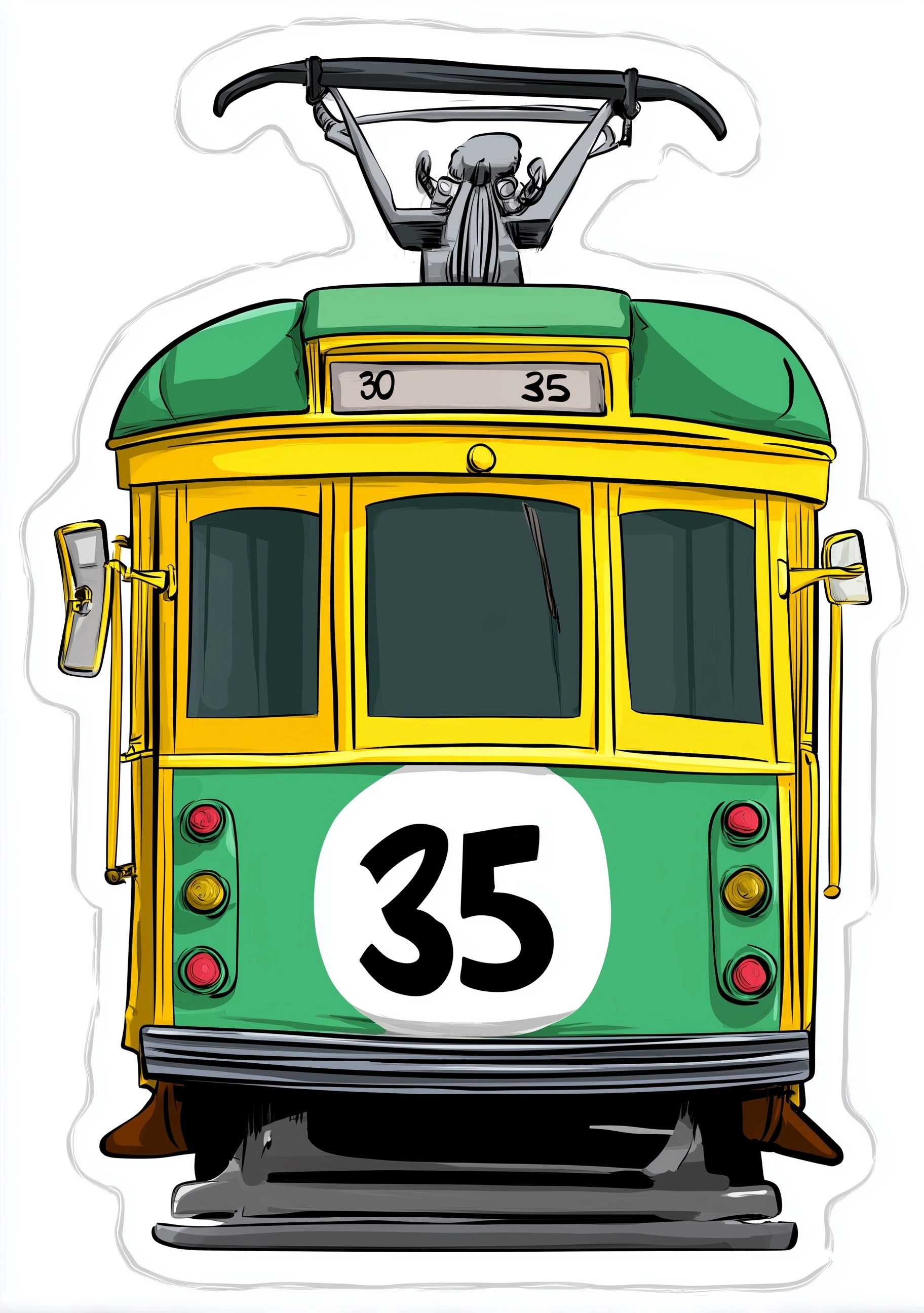 A cartoon illustration of an old-style green and yellow tram with the number "35" on its roof