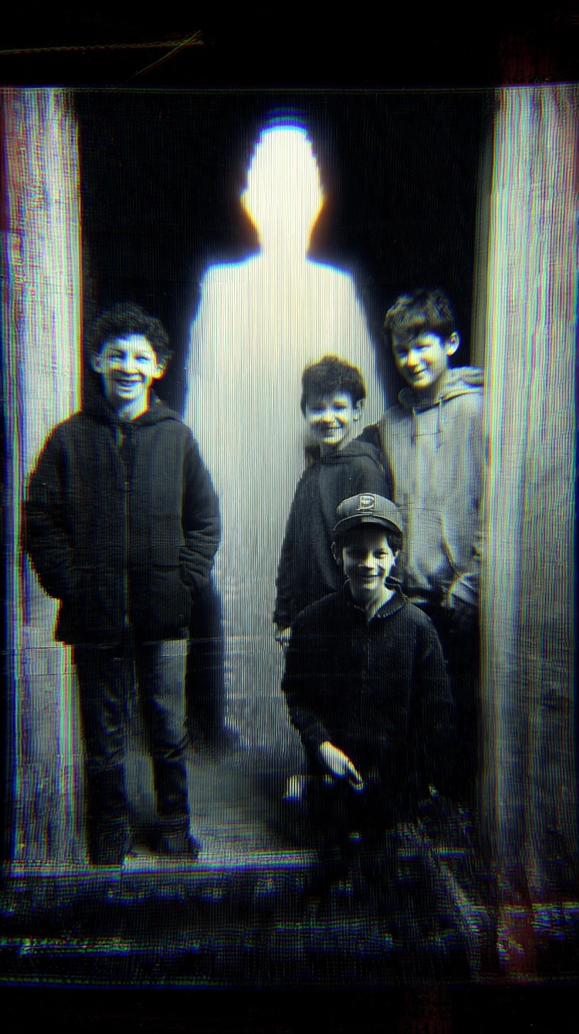 Same scene but missing one kid, empty space where he stood, others still smiling unnaturally