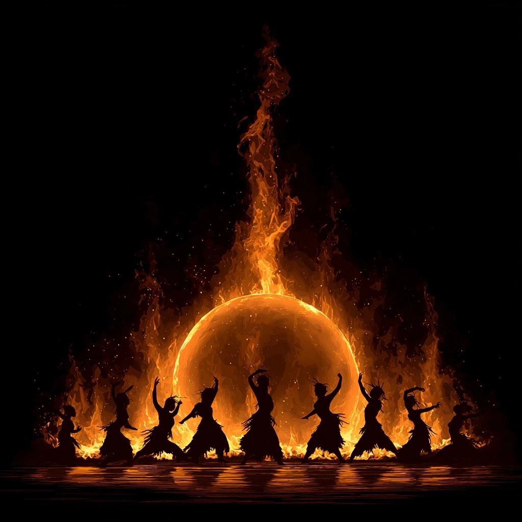 Silhouettes of tribal dancers around a central fire
