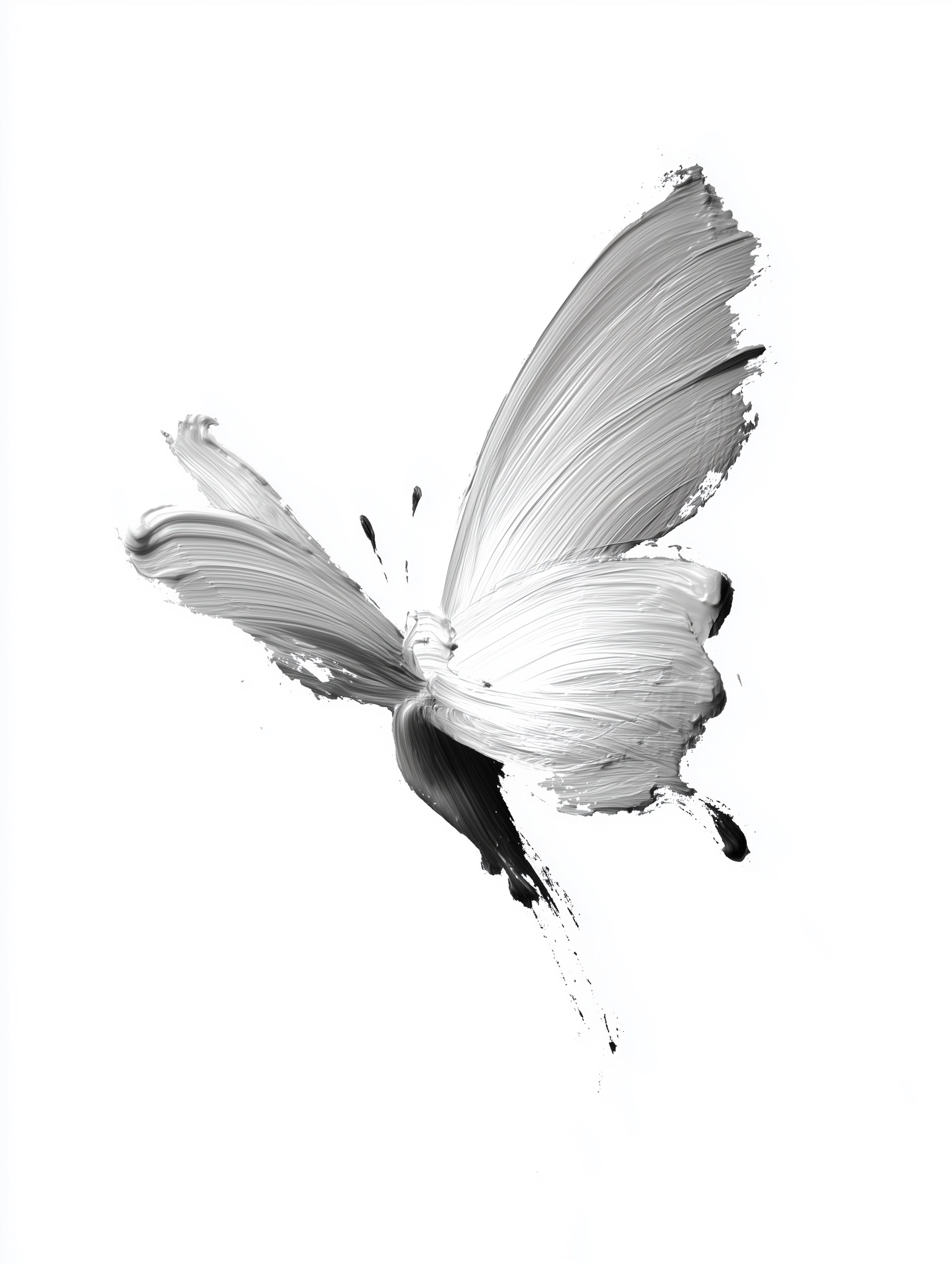 A single continuous brush stroke making the shape of a butterfly in flight. White background. Graphi