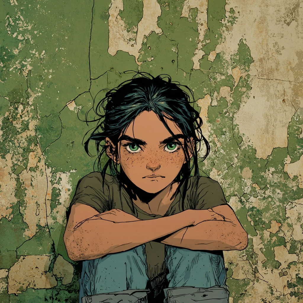 A 10-year-old girl, with a slender but incredibly resilient build, dark and slightly messy hair