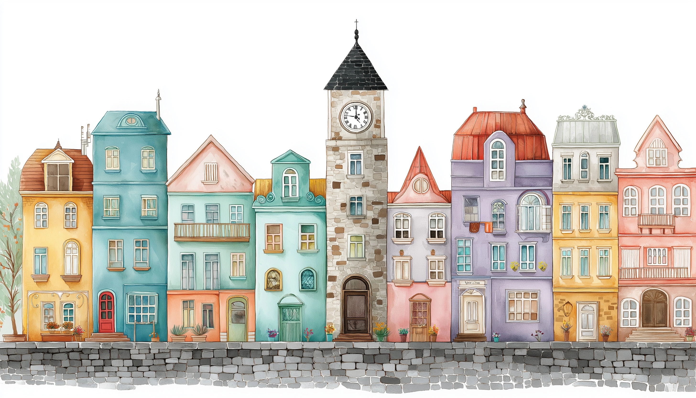 A row of colorful houses with different designs and patterns