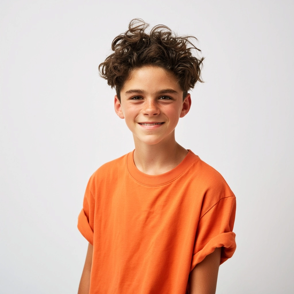 A stylish studio portrait of a 10-13 year old child with visible braces, confident friendly smile