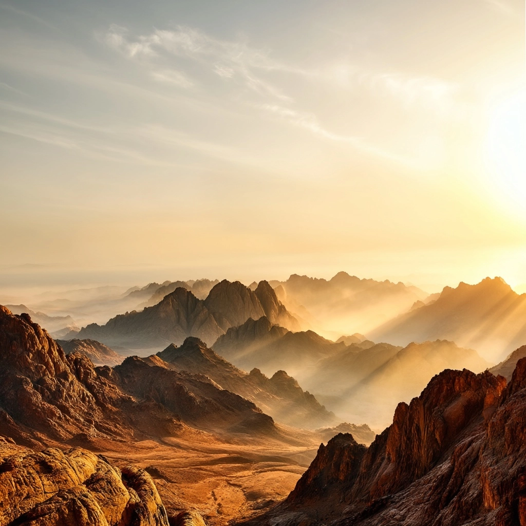 Biblical mount sinai landscape, dramatic desert mountains, soft golden sunrise light