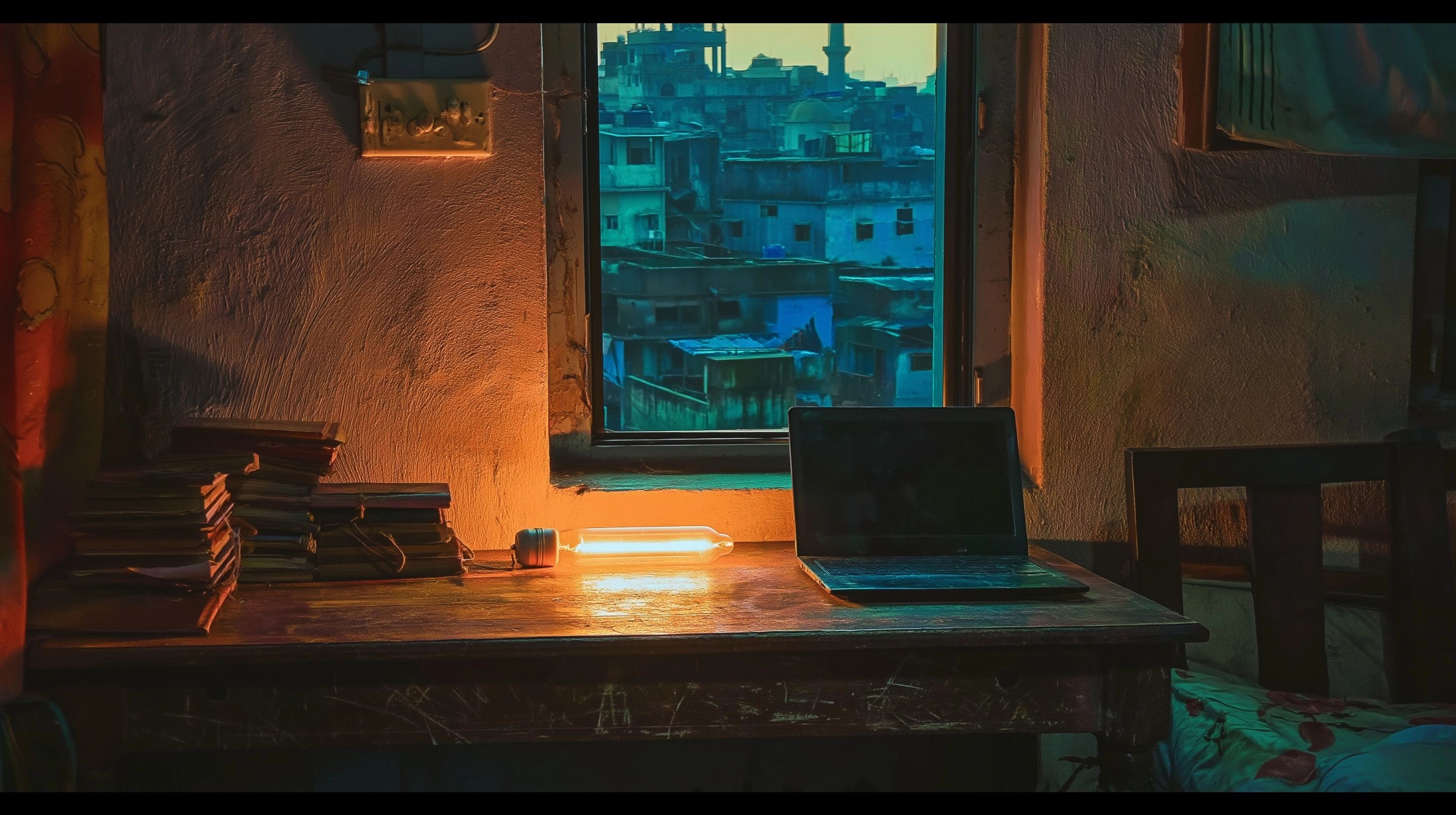 Imagine a small slightly worn Indian room with textured walls, पुराने wooden desk with scratches