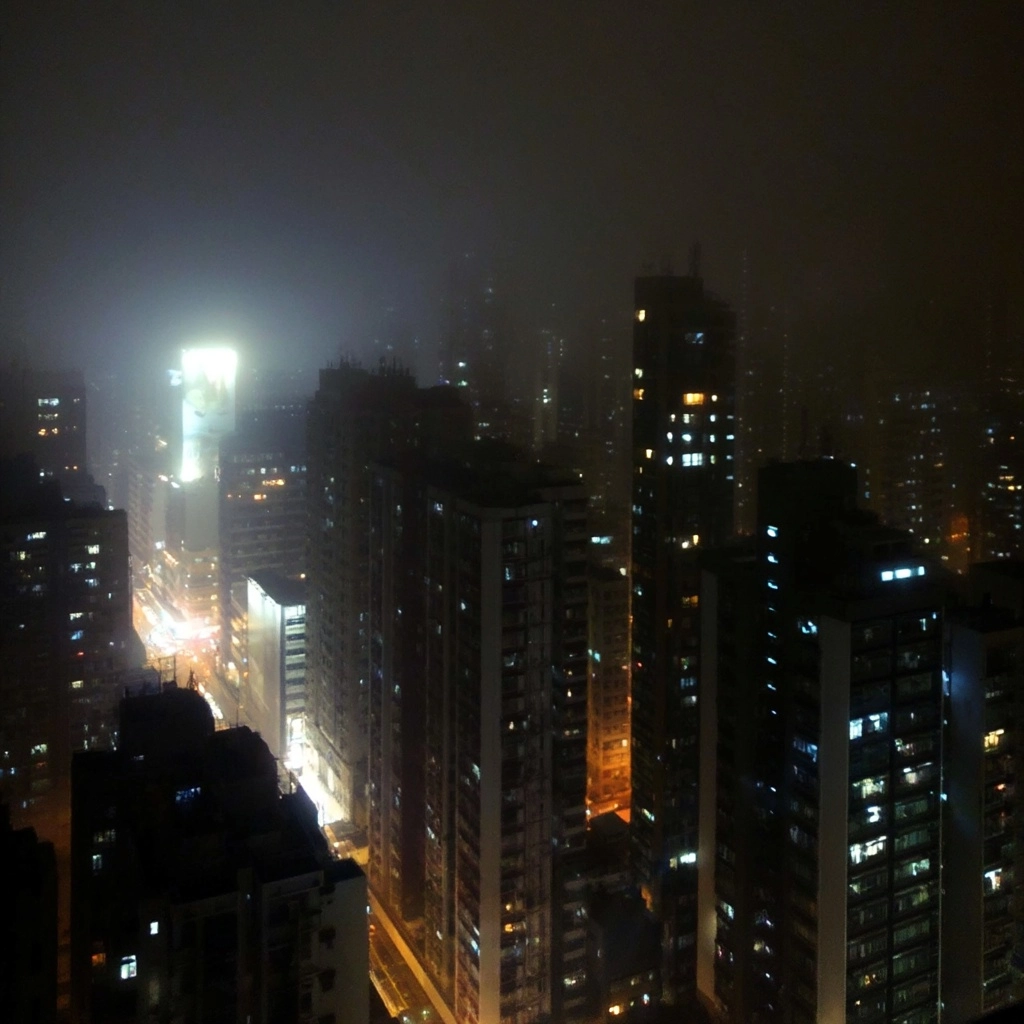 Out of focus abstraction of a view of a frutiger aero y2k asian cyberpunk high-rise megacity at nigh