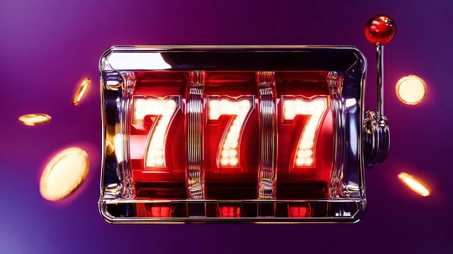 Ultra-realistic cinematic macro shot of a luxury slot machine with glowing triple 777 jackpot symbol