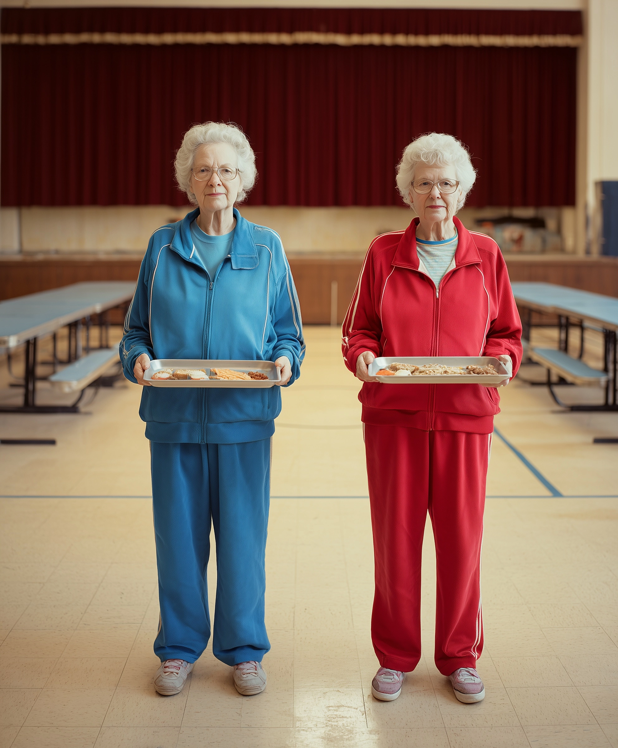 Portrait of two elderly women who are friends, holding cafeteria trays with a simple lunch in a larg