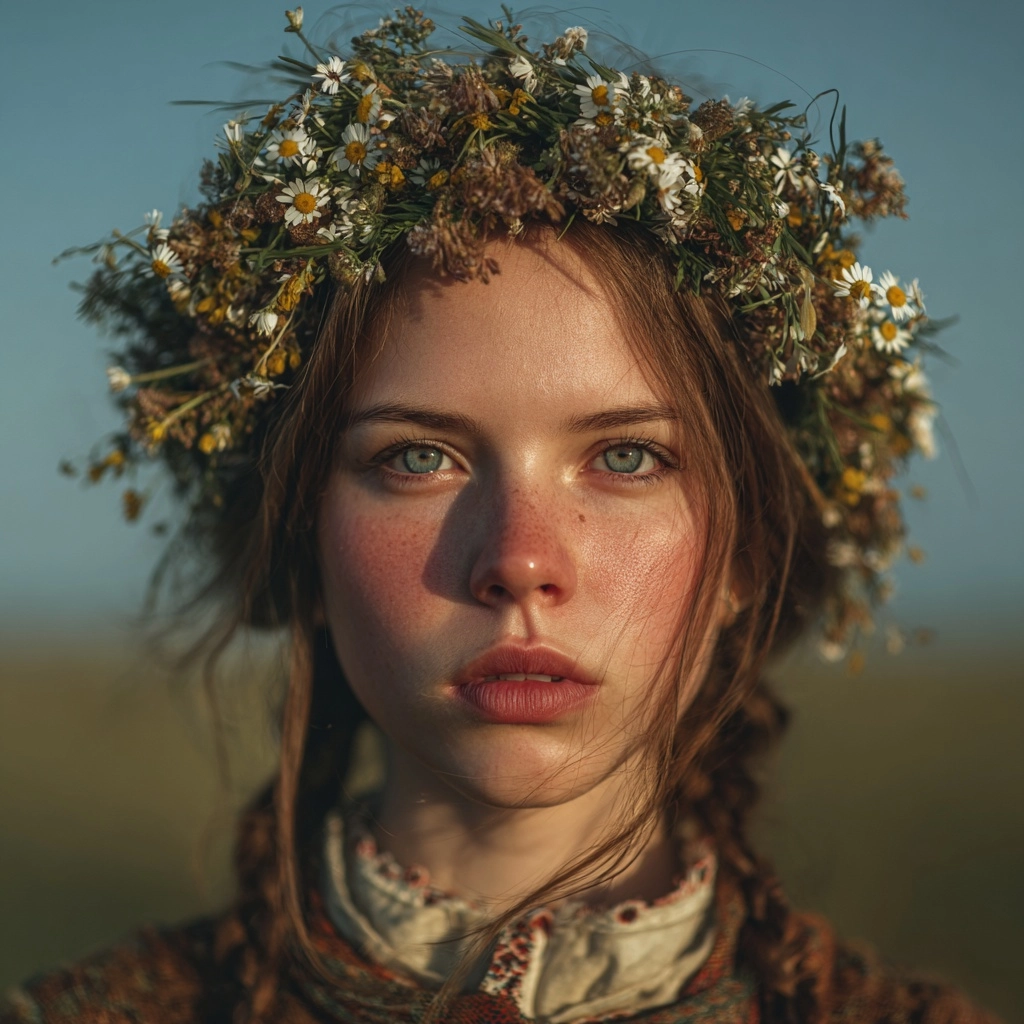Ultra-realistic photo of a 25-30 year old girl standing in a field with a wreath of wildflowers on h