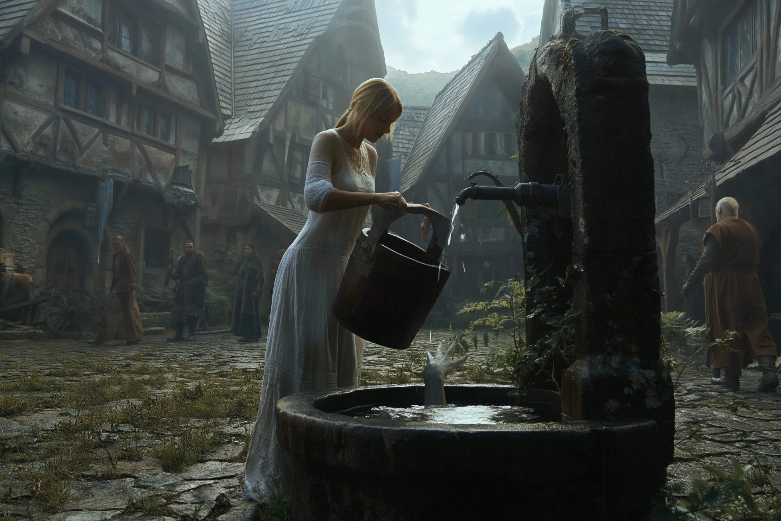 Cinematic artwork, A peaceful village square on an overcast summer day. A young woman is drawing wat