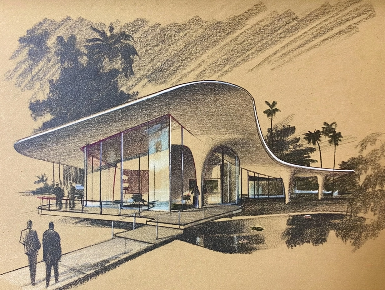 Vintage Herb Ryman sketch of a new 50s style space age pavilion.