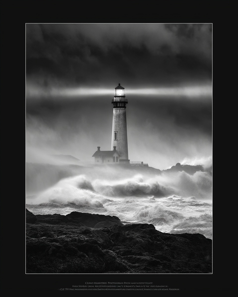 "TALL vertical black-and-white photograph of a lighthouse standing against a violent ocean storm. Wa