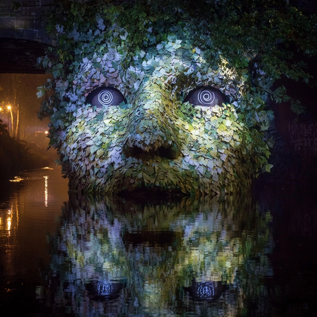 An immersive art installation sitting in a creek of water at night and is a face made of white leave