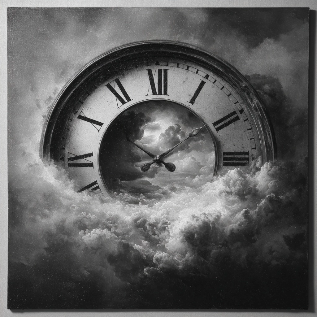 A surreal clock showing the time of 3 o’clock, clock in grayscale with oil painting style