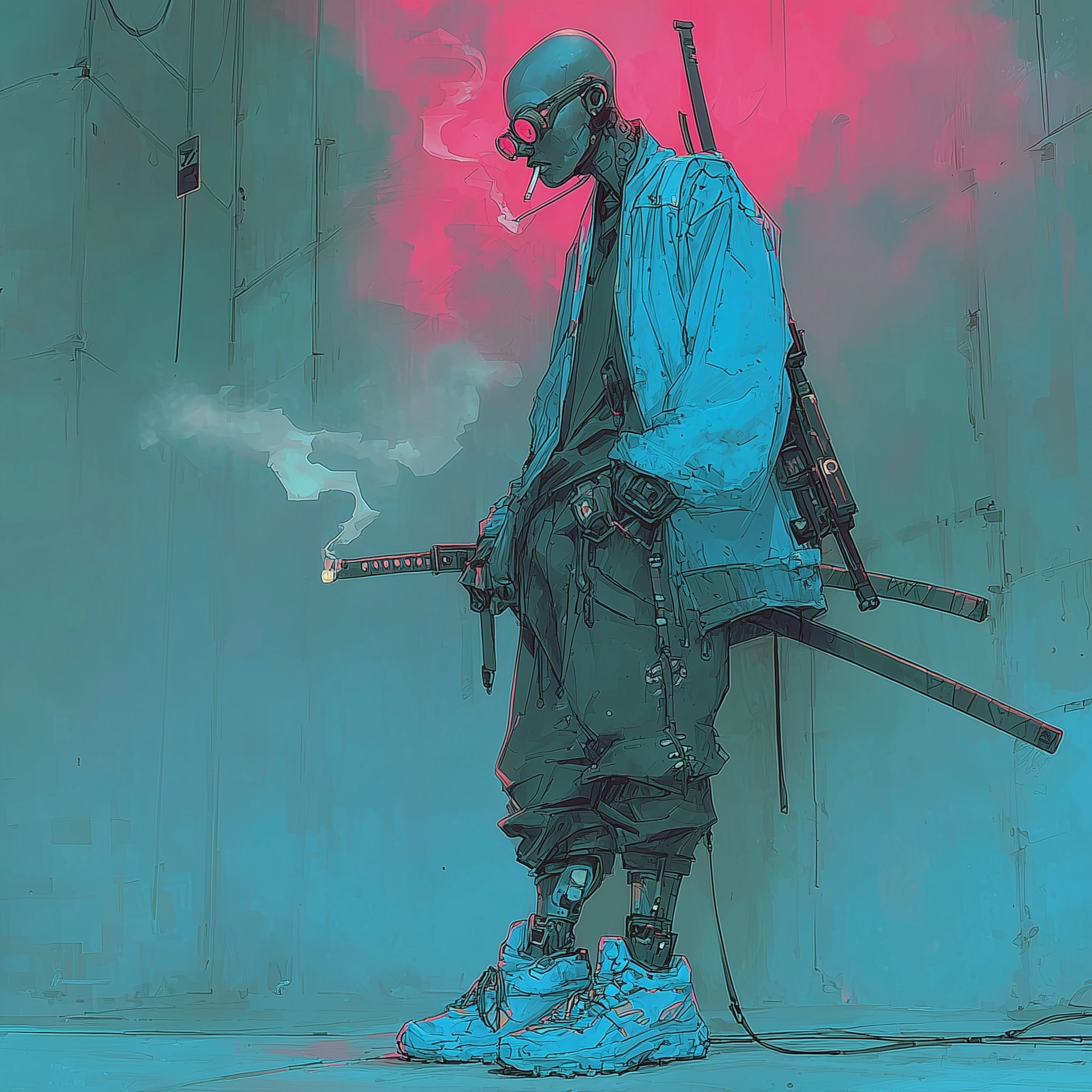 Abohemian German Solo Assassin in Cyber Punk with a bald head in his 30s. He wears 70's styled cloth
