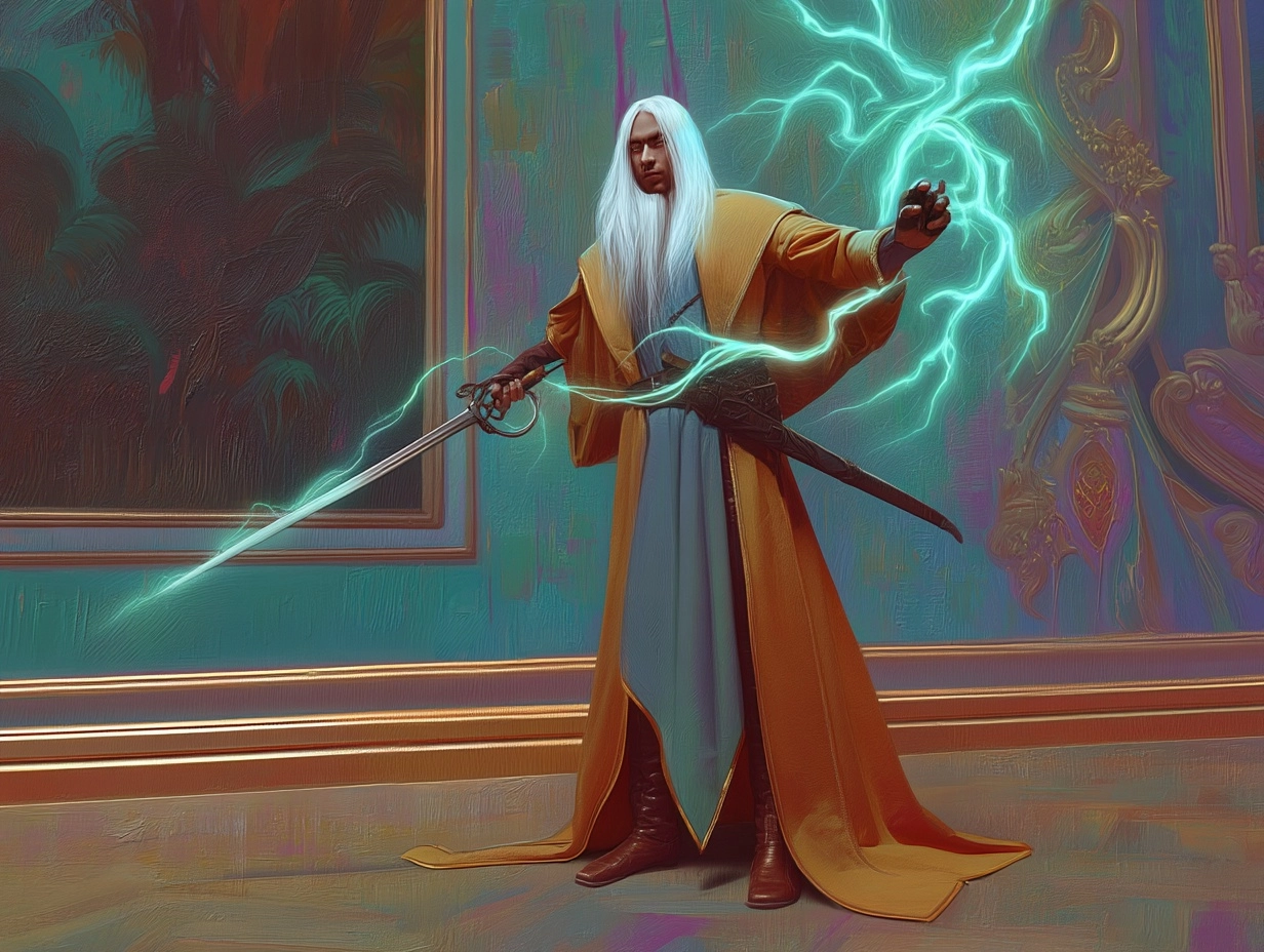 + new random electric character + Illusion Spells human Rogue game character+ white long hair + obje