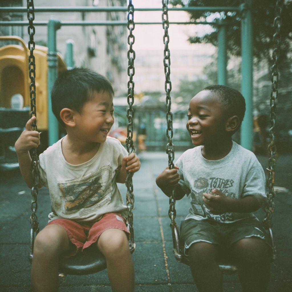 Asian boy and black boy playing on the playground