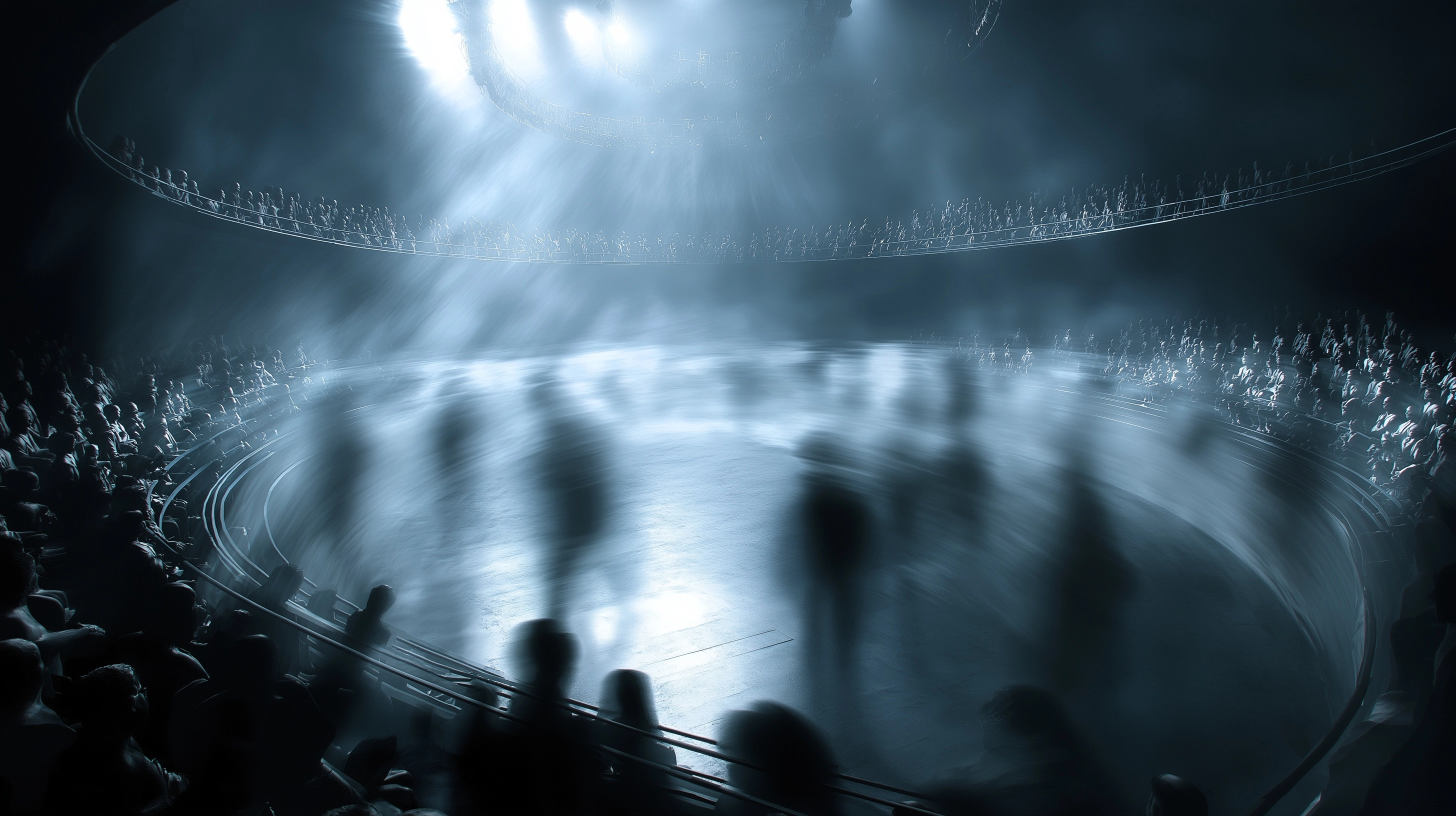 Create 3D conceptual art images depicting shadows of ghostly human silhouettes moving in perfect lin